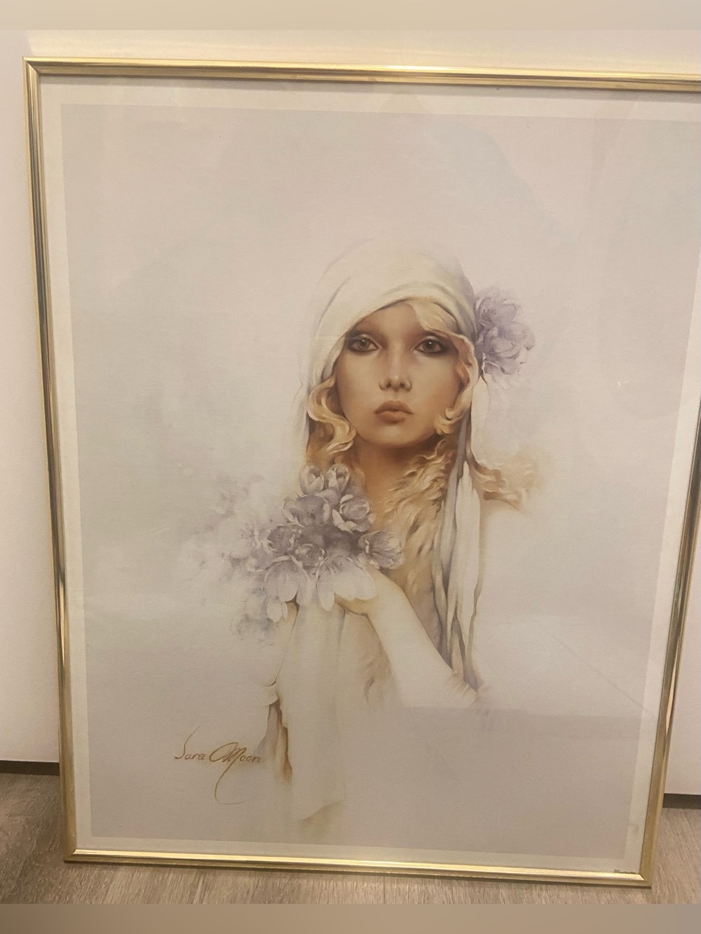 Vintage 1970s Portrait Art - Print in Cream and Soft Purple by Sara Moon